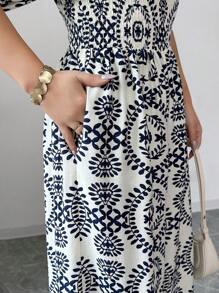 Elenzga Vacation Style Puff Sleeve V-Neck Elastic Waist Wide Leg Jumpsuit Pants Romper - Blue - View 3