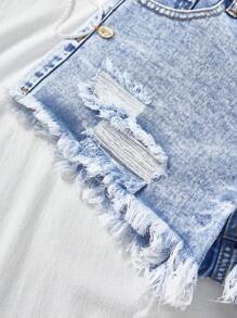 SHEIN Shorts vaqueros de cintura baja con dobladillo deshilachado y lavado claro para adolescentes, shorts de verano estilo boho para vacaciones en la playa, conjuntos casuales de verano para conciertos y festivales, atuendos de verano para brunch y graduación de niñas - Lavado ligero - Ver 3