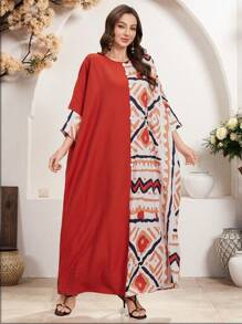 Al Najma Lente/Zomer Dames Ronde Hals Geometrisch Patroon Patchwork Effen Kleur Turkse & Arabische Stijl Lange Jurk