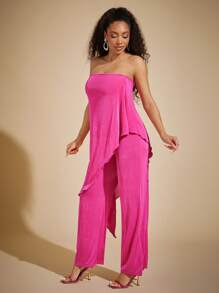 Vixey 不对称垂坠露肩阔腿连体裤，夏季，度假装，波西米亚风 - 粉色 - 查看 4