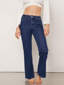 SHEIN Unity 高腰喇叭牛仔裤夏季修身裤 90 年代弹力牛仔裤舒适塑身西部音乐会音乐节优雅度假春假早午餐休闲音乐节服装女士 - 深色水洗藍 - 查看 3