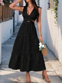 Breezaya Ärmelloses, figurbetontes Kleid im sexy französischen Stil mit V-Ausschnitt und freiliegender Taille - Schwarz - Übersicht 6