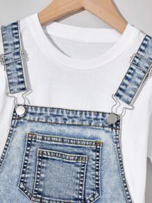 2pcs/Set Girls' Casual Ripped Distressed Denim Shorts With Suspenders, Comfortable Elastic& Soft, Street Style For Daily Wear, School, 2025 Spring Summer New Arrival All-Match Style Hot Item