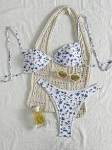 SHEIN Swim 2pcs/Set 2025 New Beach Outfit, Women Casual Vacation Suit, Blue & White Floral Print Ruffle Halter Swimwear With Matching Printed Ruffle Trim Triangle Bottoms For Summer - Blue and White - View 1