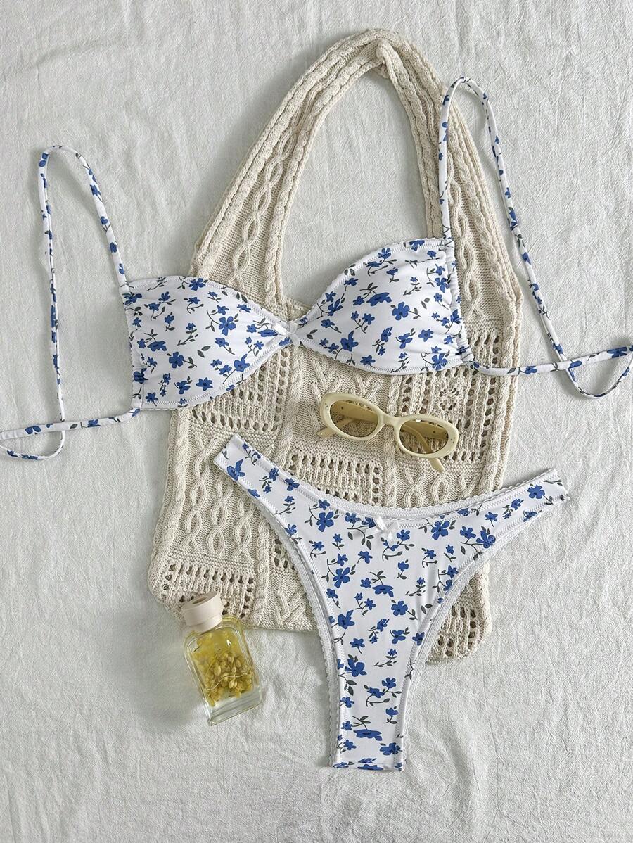 SHEIN Swim 2pcs/Set 2025 New Beach Outfit, Women Casual Vacation Suit, Blue & White Floral Print Ruffle Halter Swimwear With Matching Printed Ruffle Trim Triangle Bottoms For Summer - Blue and White - View 1