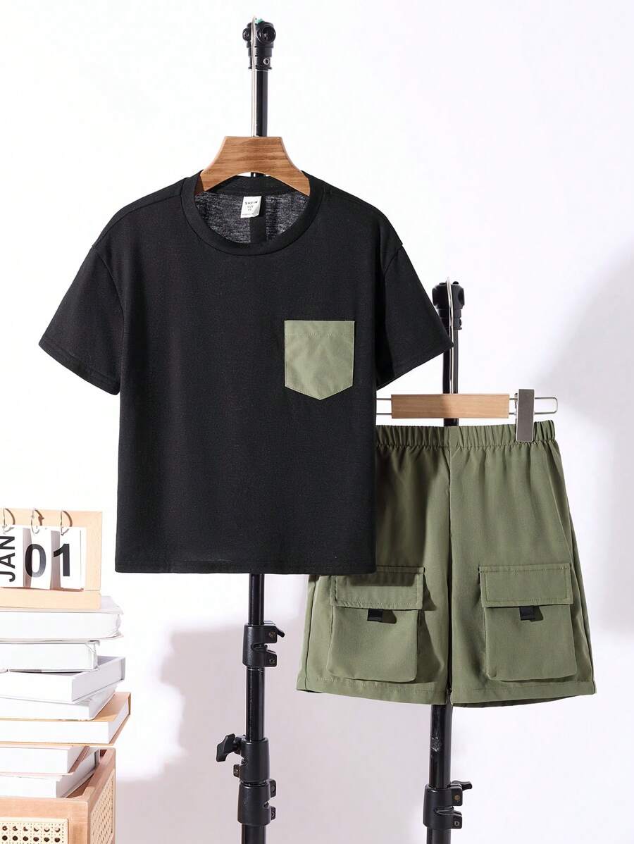 SHEIN Young Boy Crew Neck 3D Pockets Short Sleeve T-Shirt And Shorts Set - Army Green - View 1