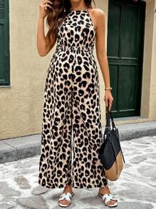 SHEIN 孕妇吊带豹纹宽腿宽松连体裤 - 黑色 - 查看 7