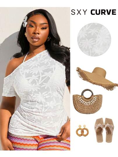SHEIN SXY Plus Size Women's Spring And Summer Sexy Slanted Shoulder White Textured Fabric Semi-Transparent Tight T-Shirt,Suitable For Early Spring, Spring And Summer, Rainforest, Beach Party, Seaside Vacation, Bonfire Party, Cool And Light, Slim Fit, Comfortable To Wear,Easy To Match&Looks Slim,Accent Your Body,Flatter The Figure
