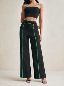 Floral Designer High Waist Color Block Black Wide-Leg Pants - Black - View 8