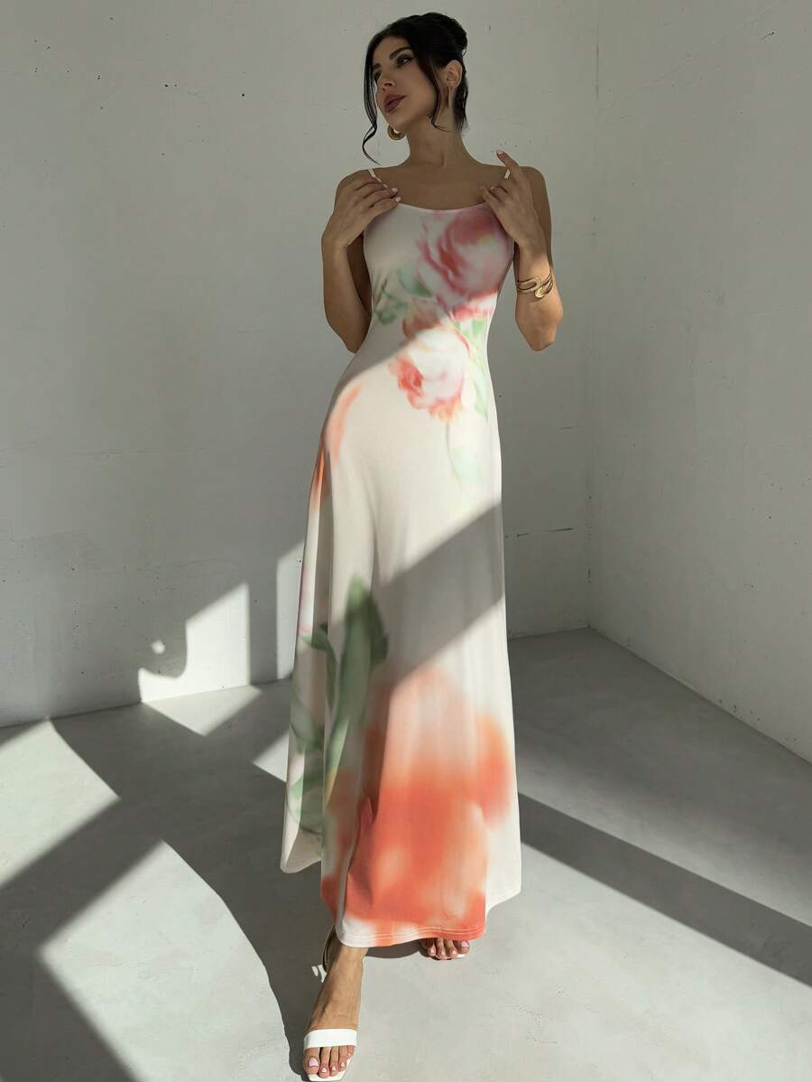 Firerie Elegant Romantic Delicate Charming Floral Vacation Print A-Line Dress With Open Back - Multicolor - View 1