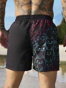 Surfspeed Men's Cartoon Cat Print Drawstring Pocket Beach Shorts  Men Swim Trunks