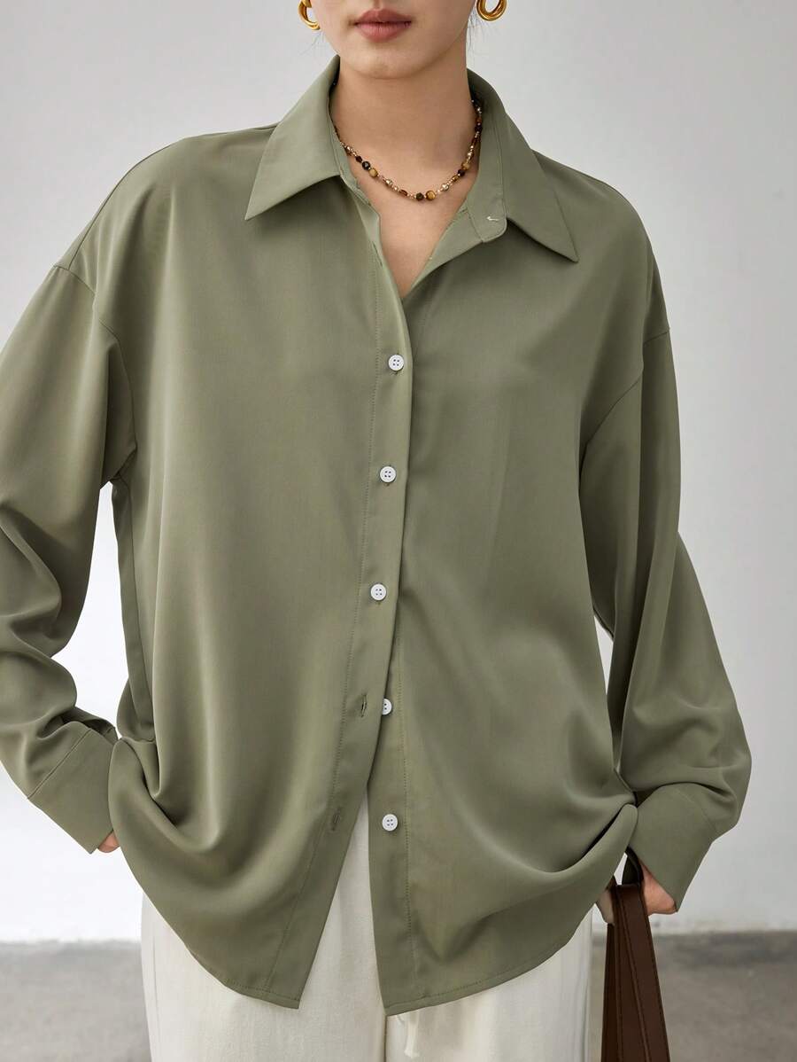 Dazy-Less Loose Minimalist Business Women Long Sleeve Shirt Old Money Style,Fall Clothes - Army Green - View 1