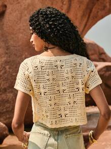 Poéselle Hollow-Out Crochet Lace-Up Front Short Sleeve Knit Top - Apricot - View 2