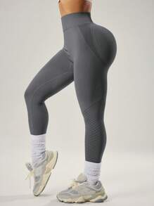 SHEIN Sport Studio Pantalones deportivos de cintura alta de unicolor y diseño minimalista para mujer - Ropa deportiva casual