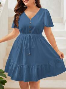 SHEIN VCAY Plus Size Women Solid Color Button Design Ruffle Sleeve Casual Dress
