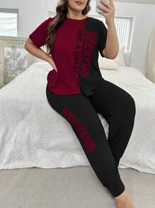 Color Block Letter Print Plus Size Women Short Sleeve T-Shirt And Pants Pajama Set, Outfits - Burgundy - View 4