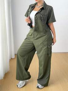 POPSWAY Conjunto informal de 2 piezas de camisa de utilidad y pantalones con cordones, talla grande