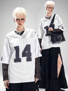 SHEIN EZwear Women's Spring And Summer For Going Out Concert Streetwear Vintage Number Pattern Graphics Baseball Jersey White V-Neck T-Shirt - White - View 1