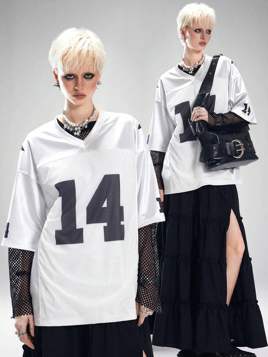 SHEIN EZwear Women's Spring And Summer For Going Out Concert Streetwear Vintage Number Pattern Graphics Baseball Jersey White V-Neck T-Shirt - White - View 1