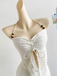 Soleia 2pcs Women's Vacation Floral Textured Asymmetric Hem Halter Top And Mini Skirt Set - Apricot - View 4