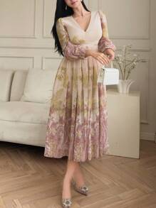 DAZY Đầm midi cổ vuông in hoa toàn thân phong cách Bohemian dành cho nữ, thanh lịch, đầm tay dài mùa thu, đầm lễ Phục sinh. - Màu Hồng  Dưa hấu - Xem 4