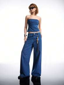 LYSMO 女士时尚水钻装饰低腰阔腿牛仔裤 - 藍色 - 查看 4