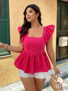 SHEIN Clasi Plus Size damska letnia bluzka w kratę z kołnierzykiem kokardką i plisowanym falbaniastym dołem - Wyrazisty róż - Zobacz 4