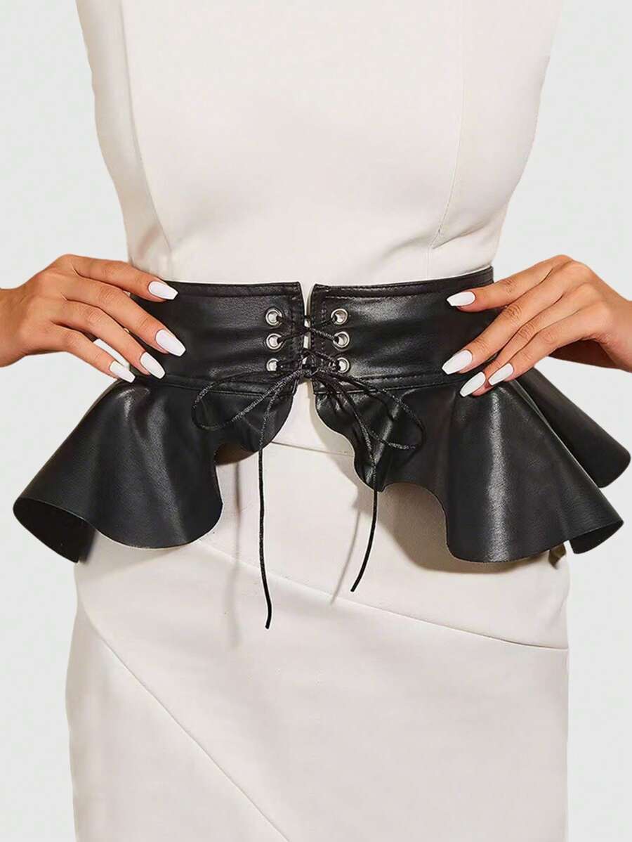 ROMWE 1pc Gothic Style Black PU Leather Halter Corset Belt, Versatile For Women - Black - View 1