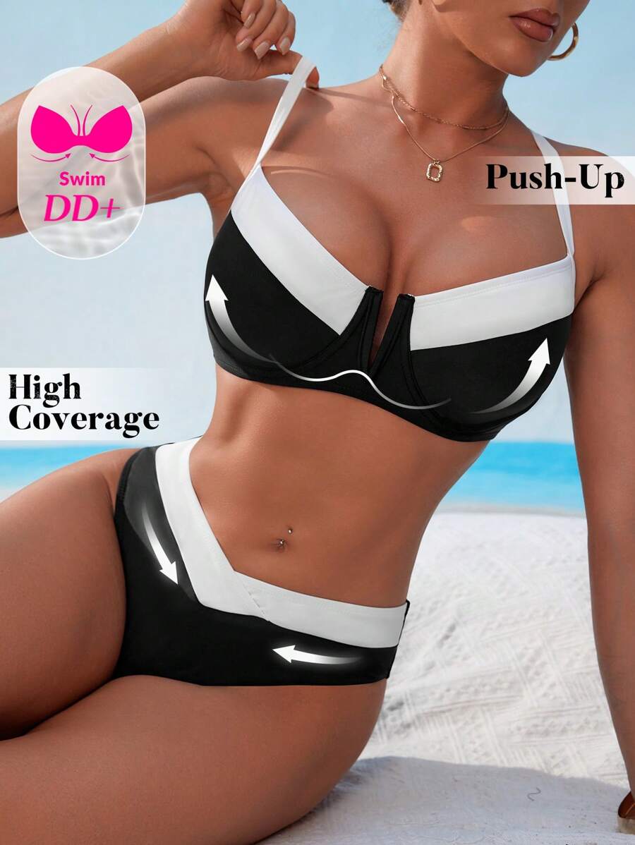 Swim DD+ Traje de baño para mujer de talla DD, conjunto de 2 piezas, top con escote en V y tirantes finos con efecto push-up y Bottom de corte alto, adecuado para vacaciones en la playa
