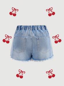 SHEIN MOD Women's Plus Size Denim Shorts Red Cherry Embroidery Ripped Denim Shorts Sweet Summer Shorts - Light Wash - View 3