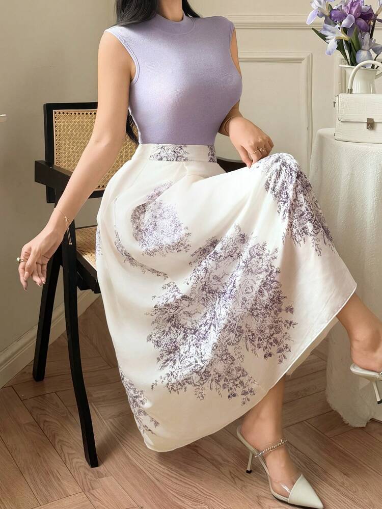 2pcs Solid Color Knit Top And Printed Skirt Suit Set, Suitable For Office Wear Easter