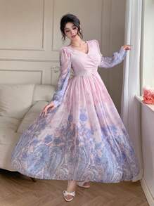 DAZY 波西米亚风全身印花方领春季粉彩中长连衣裙，优雅秋季长袖连衣裙，适合复活节 - 珊瑚粉 - 查看 7