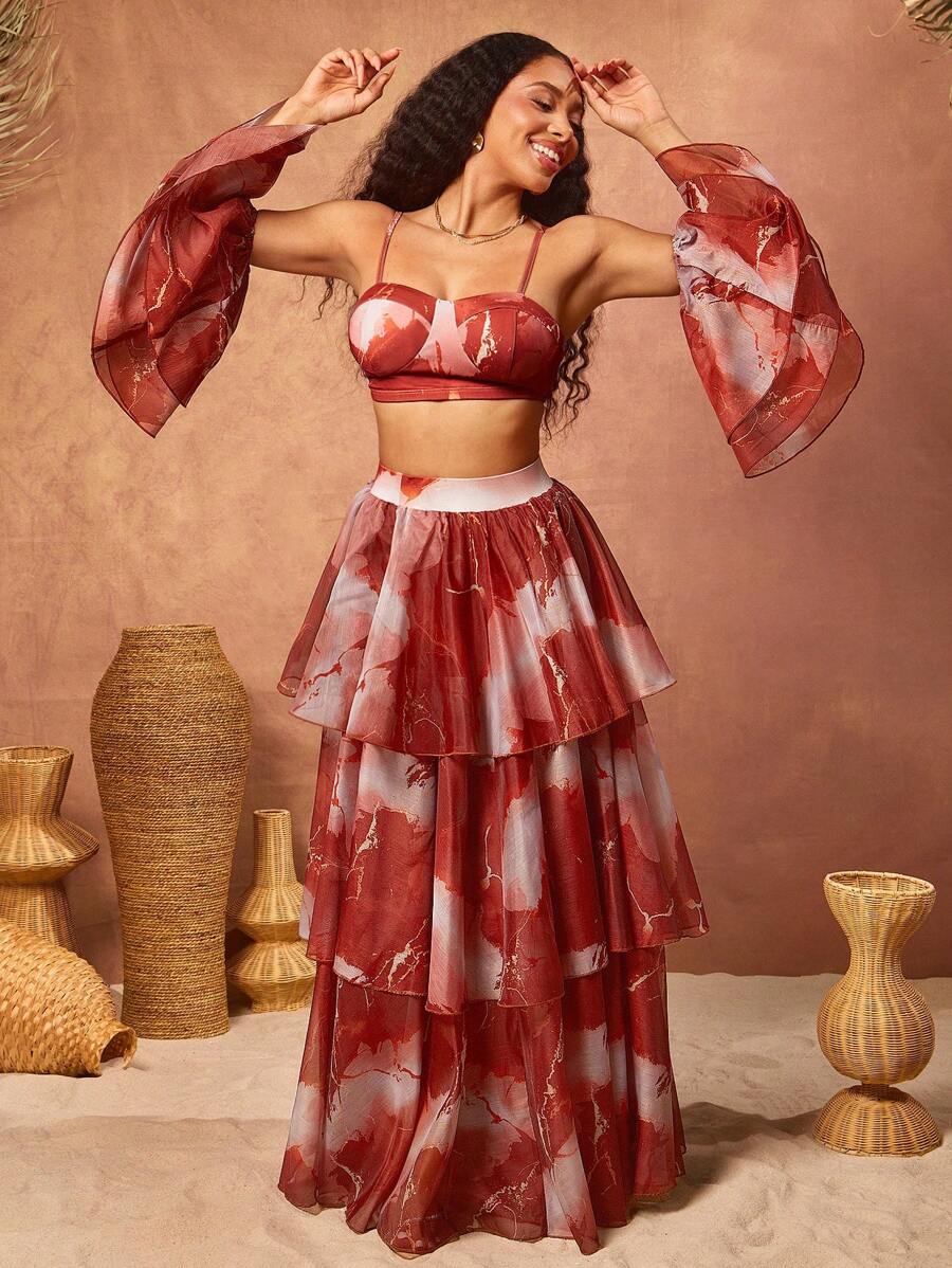 Vixey Crop Cami Top With Detachable Ruffle Sleeves, Summer, Vacation, Boho, Island Vacation - Multicolor - View 1