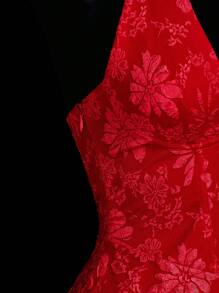 SHEIN ICON Spring Summer Outfits For Women  Modest Dresses For Women Wedding Guest Dress Women  Backless  Deep V-Neck Backless Bowknot Renaissance Style Satin Jacquard Dress - Red - View 8