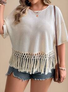 SHEIN VCAY Plus Size Women's Summer Solid Color Round Neck Drop Shoulder Loose Fringed T-Shirt For Holiday - Apricot - View 5