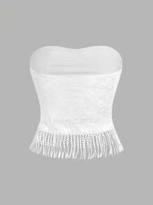 SHEIN EZwear Áo Bandeau viền ren trắng thanh lịch dành cho nữ - trắng - Xem 2