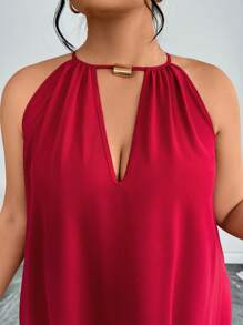 SHEIN CURVE+ Plus Size Solid Color Hollow Neck A-Line Dress - Red - View 6
