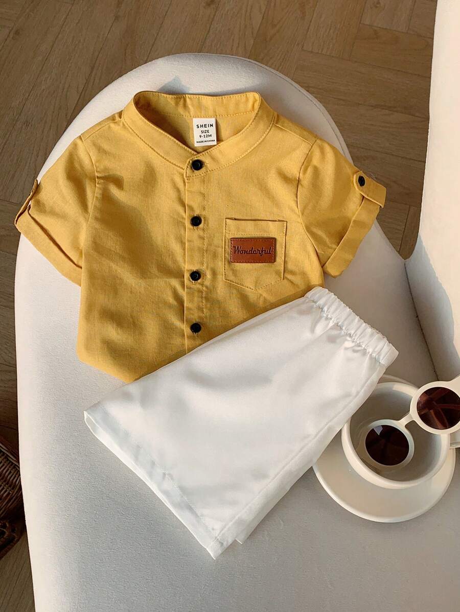 2 件套男婴夏季休闲装，黄色短袖立领衬衫和白色短裤套装，适合生日派对、晚会、表演、婚礼、婴儿送礼会、婚礼嘉宾、花童 - 彩色 - 查看 1