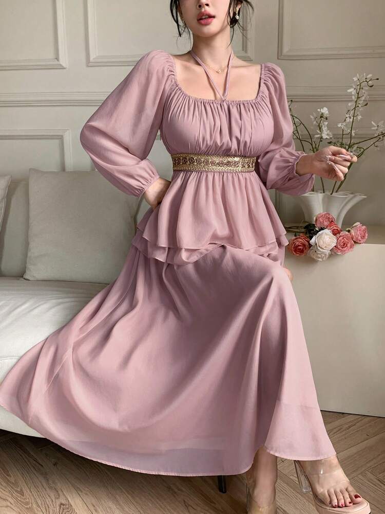 2pcs Women's Set: Patchwork Halter Neck Long Sleeve Shirt & Skirt