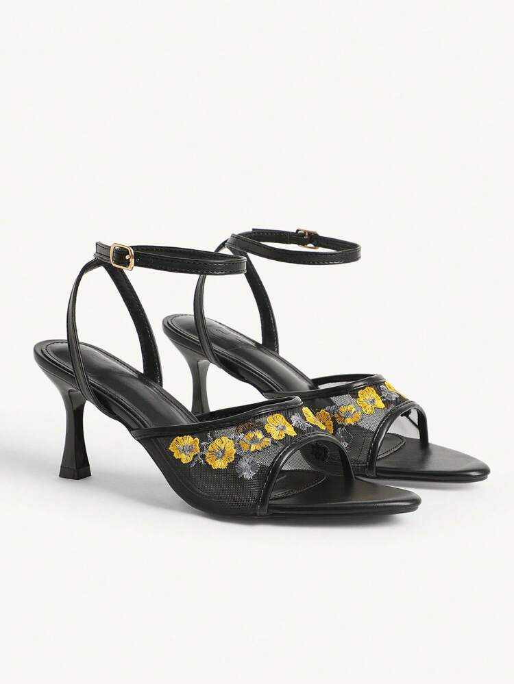 CUCCOO CHICEST Women's Black Embroidered Floral Sandals, Elegant Party Breathable Mesh Open Back High Heel Sandals