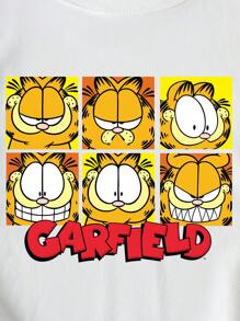GARFIELD X SHEIN Loose Fit Round Neck Short Sleeve Cute Cartoon Graphic White Summer Comfy T-Shirt For Women