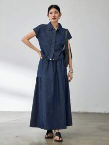 Dazy-Less 2 pièces/Set Costume en jean style patchwork évasé pour femmes