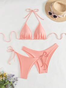 Swim Chiccia 3pcs Women Swimwear Set, Halter Neck Tank Top And Drawcord Bottom For Summer Beach Vacation - Pink - View 1