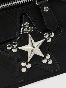 ROMWE Grunge Punk 1pc Vintage Punk 3D Pentagram Rivet Double-Zipper Snap Fastener Wallet, Comes With YY2K Music Festival Metal Guitar Star Keychain Pendant