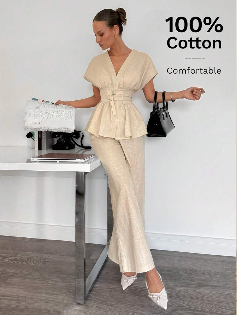 Siren Gaze 100% 纯棉女式两件套，巧妙可调节腰部褶皱衬衫和裤子套装，新款简约优雅日常通勤杏色竹纤维 V 领上衣配腰带和高腰直筒阔腿裤套装，女士夏季服装棉质女装女士休闲套装 - 杏色 - 查看 1