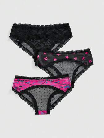 Anime Conjunto de 3 pantis de bikini estampados con calavera, cadena, murciélago, telaraña y pentagrama en parches de encaje y colores contrastantes para mujer