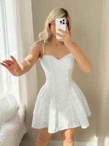 SHEIN ICON Spring And Summer White Flowy Beach Tea Party Going Out Sundress Short Elegant Solid Color Hollow Embroidered Slip Tea Party Mini Dress Easter Dress Women - White - View 9