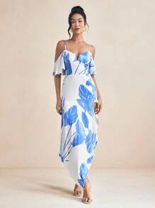 Eva Novielli Vestido largo con escote en V, hombros caídos y abertura, de satén con estampado de verano en azul y blanco, elegante vestido primavera-verano para vacaciones, fiestas, bodas y graduaciones - Azul - Ver 7