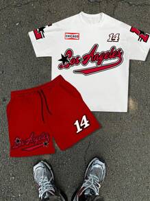 Manfinity EMRG Men's Letter Print Crew Neck Short Sleeve Casual T-Shirt And Drawstring Waist Shorts Set