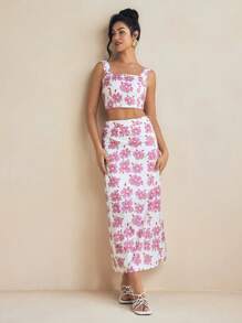Miriam Omar Designer Floral Cami Crop Top With A-Line Skirt Set Spring And Summer Outfits - Multicolor - View 8